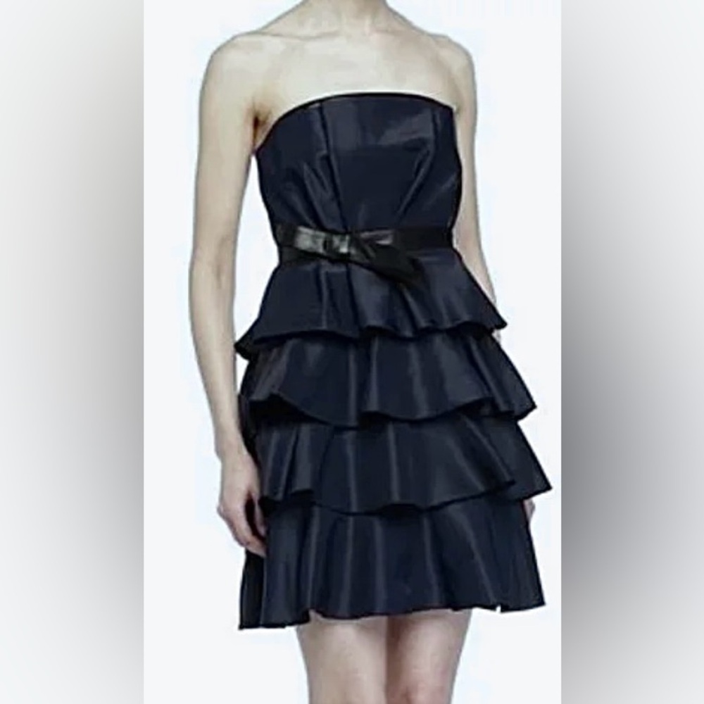 Rebecca Taylor Organza Mini Dress Silk Strapless Tiered Ruffles Navy Blue Size 0